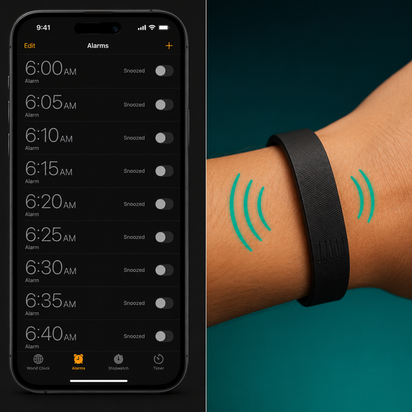 Split image: phone screen with 9 snoozed alarms on the left, Deep Pulse Band on a wrist with teal vibration lines on the right