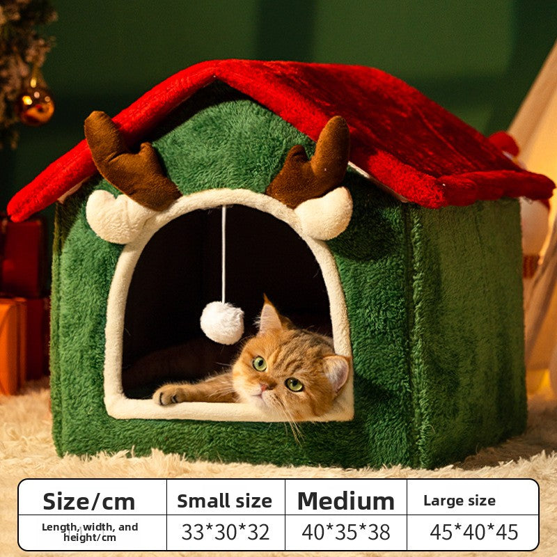 Cozy Antler Cat Cave Bed ? Winter Warm Plush House with Hanging Ball Toy
