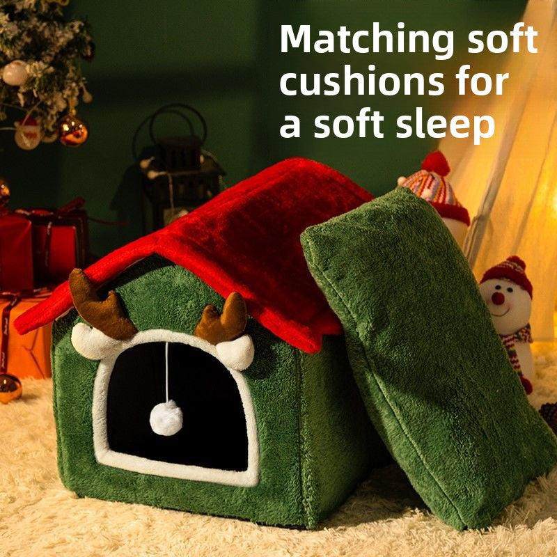 Cozy Antler Cat Cave Bed ? Winter Warm Plush House with Hanging Ball Toy