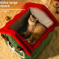 Cozy Antler Cat Cave Bed ? Winter Warm Plush House with Hanging Ball Toy