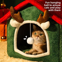 Cozy Antler Cat Cave Bed ? Winter Warm Plush House with Hanging Ball Toy
