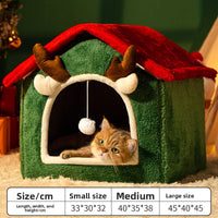 Cozy Antler Cat Cave Bed ? Winter Warm Plush House with Hanging Ball Toy