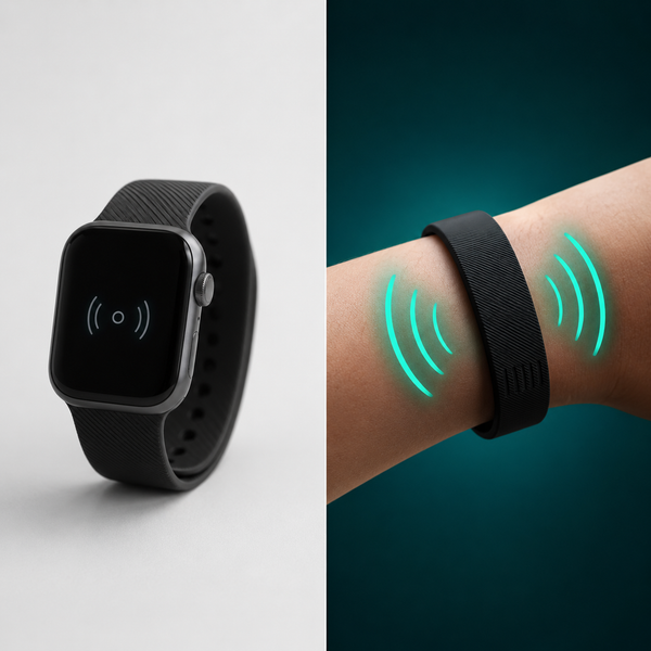 Side-by-side: Apple Watch with small haptic icon on left, Deep Pulse Band with strong vibration lines on right