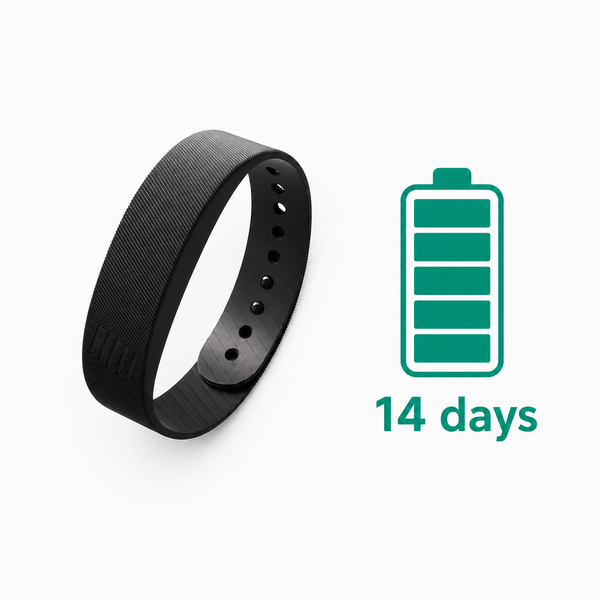 The Deep Pulse Band next to a charging cable and a calendar graphic showing 14 days marked
