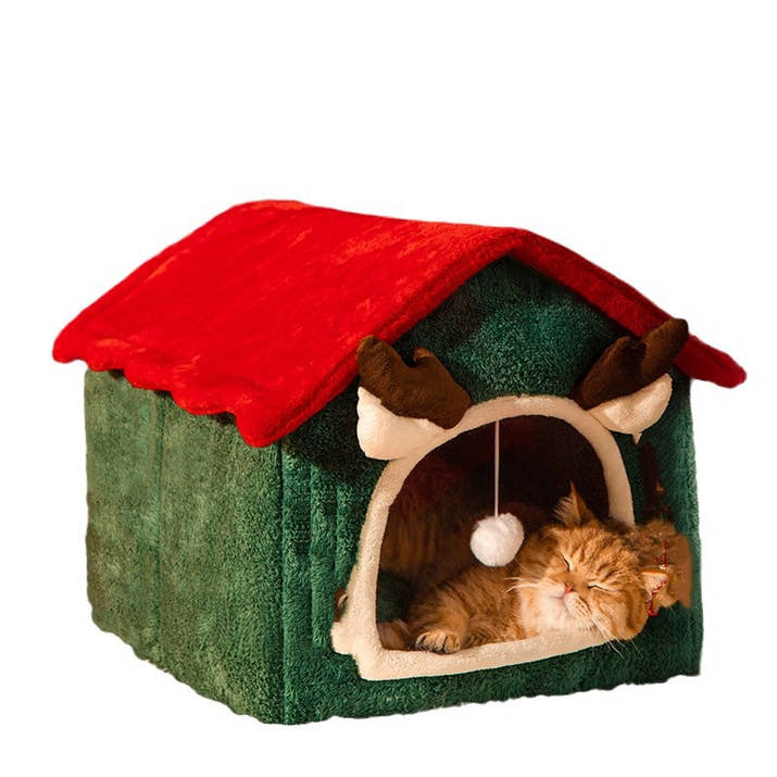 Cozy Antler Cat Cave Bed ? Winter Warm Plush House with Hanging Ball Toy